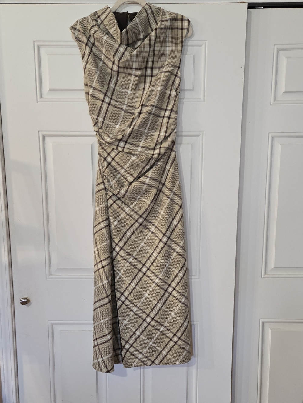Simkhai Sleeveless Plaid Midi Dress in Beige and Black with Draped Neckline